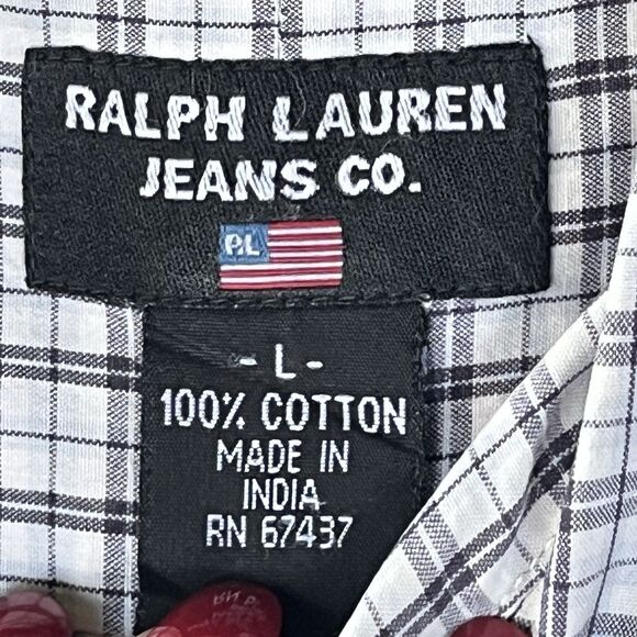 Ralph Lauren Jeans Co Shirt Men’s L Blue/Gr/Wh Plaid B Down SS Flag Logo Flaw - Picture 3 of 8